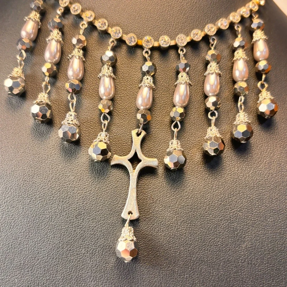 Vintage Cross Fringe Necklace Silver Pearl Rhinestone Goth Whimsygoth Statement